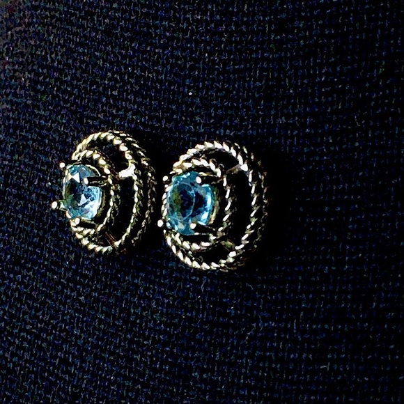 Blue Topaz Sterling Silver Halo Post Back Earrings - Picture 5 of 13